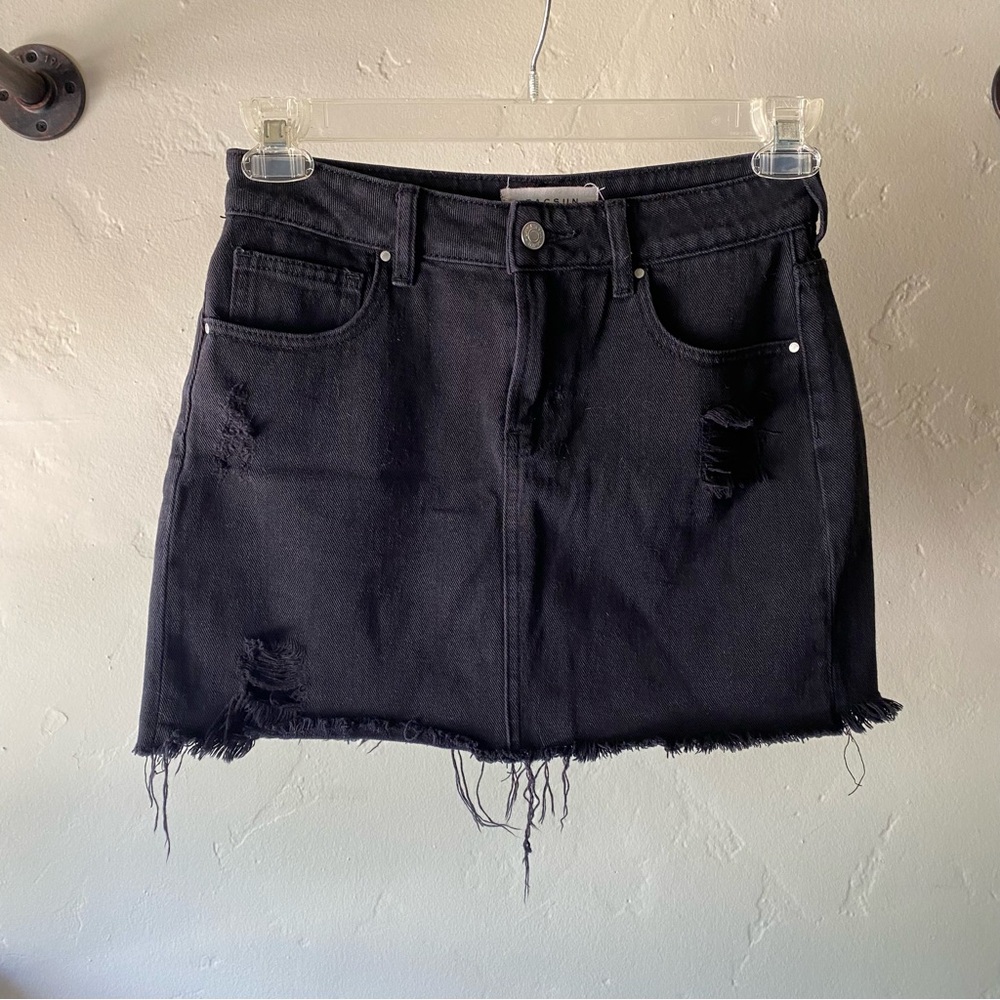 Black Distressed Denim Mini Skirt